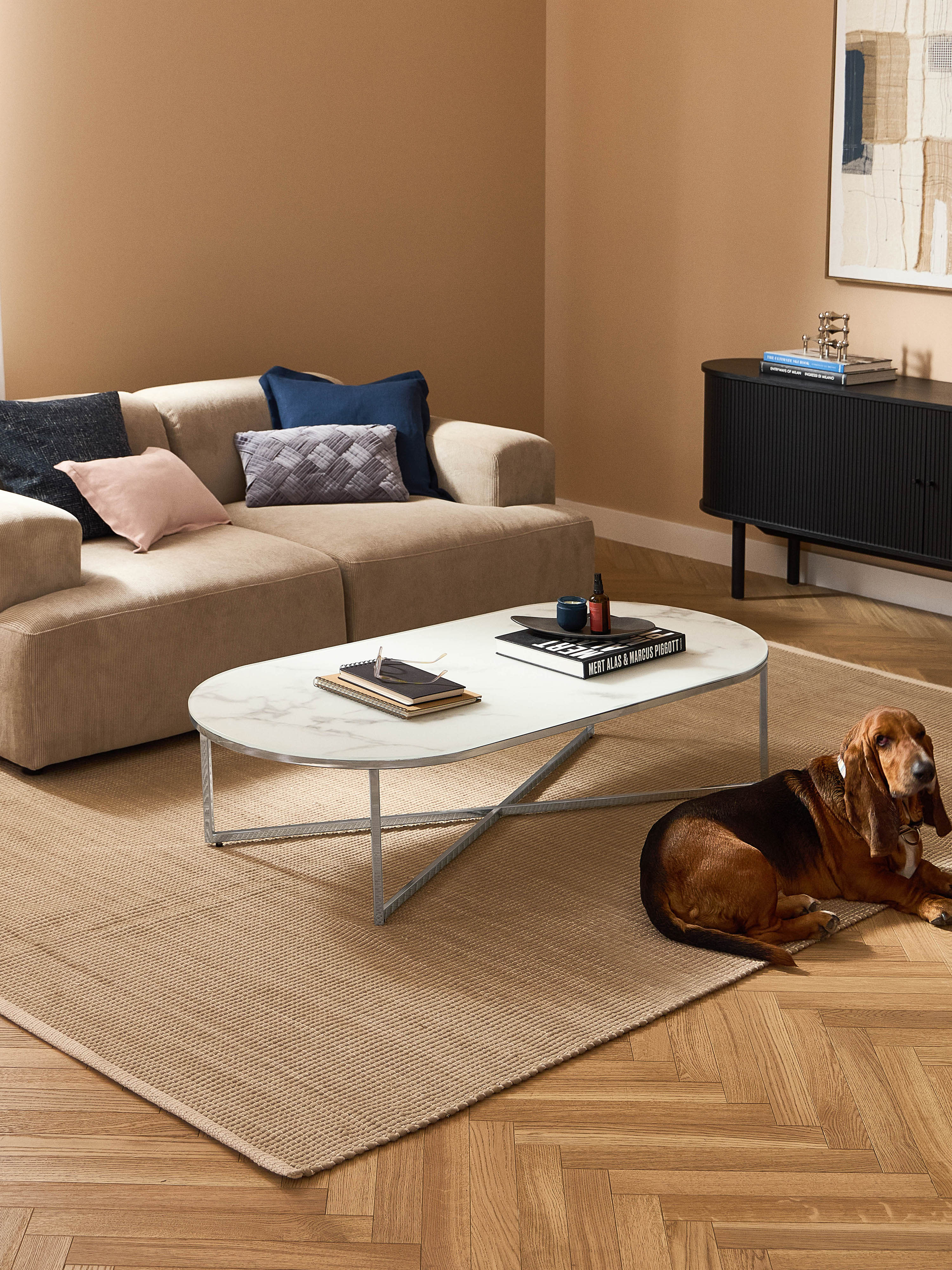 Antigua Oval Coffee Table with Marble Effect Glass Top