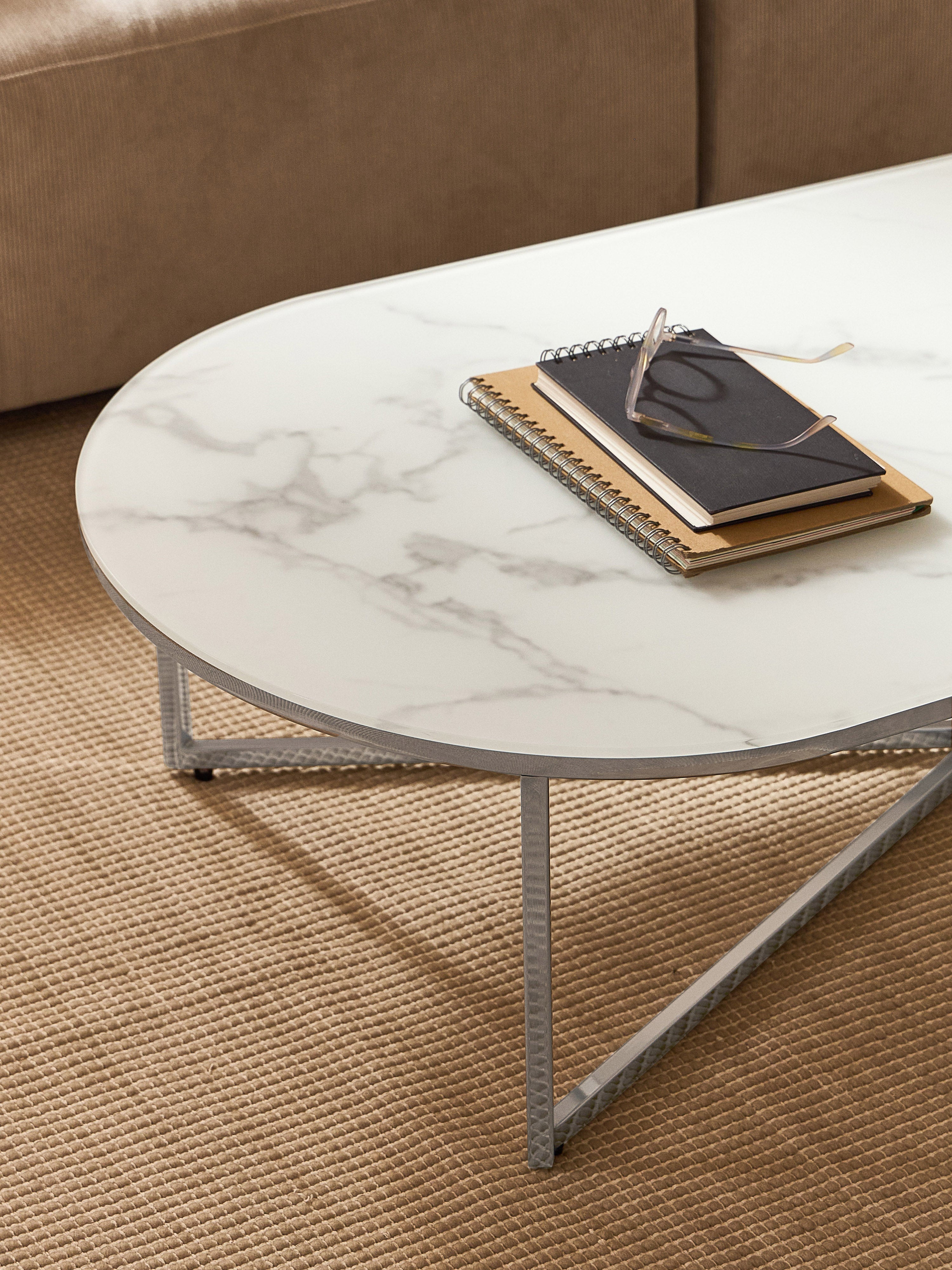 Antigua Oval Coffee Table with Marble Effect Glass Top