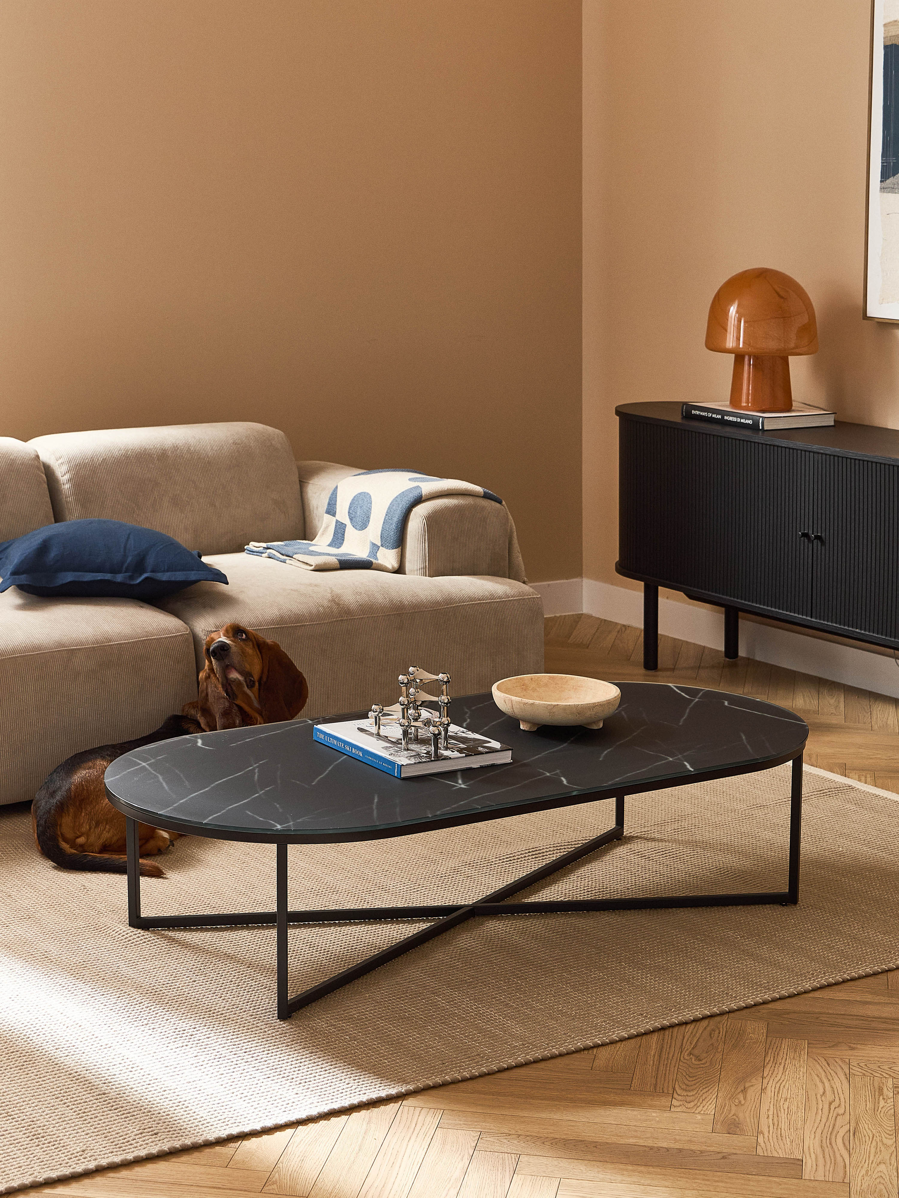 Antigua Oval Coffee Table with Marble Effect Glass Top