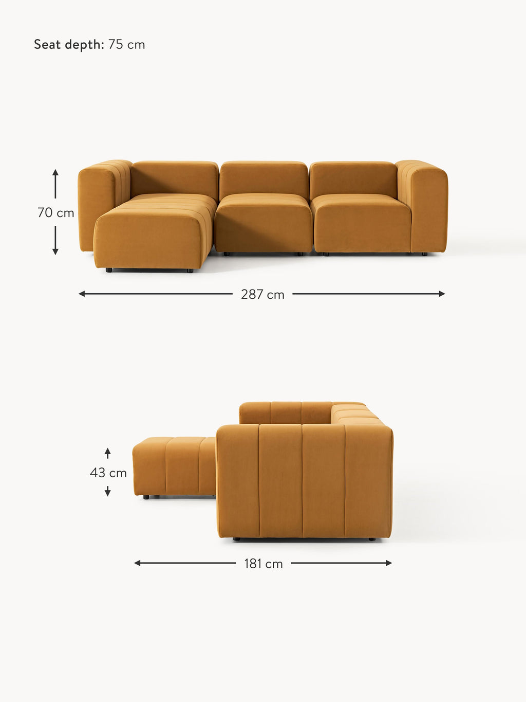 Lena Modular Velvet Sofa (4-seater) with Ottoman (left/right)