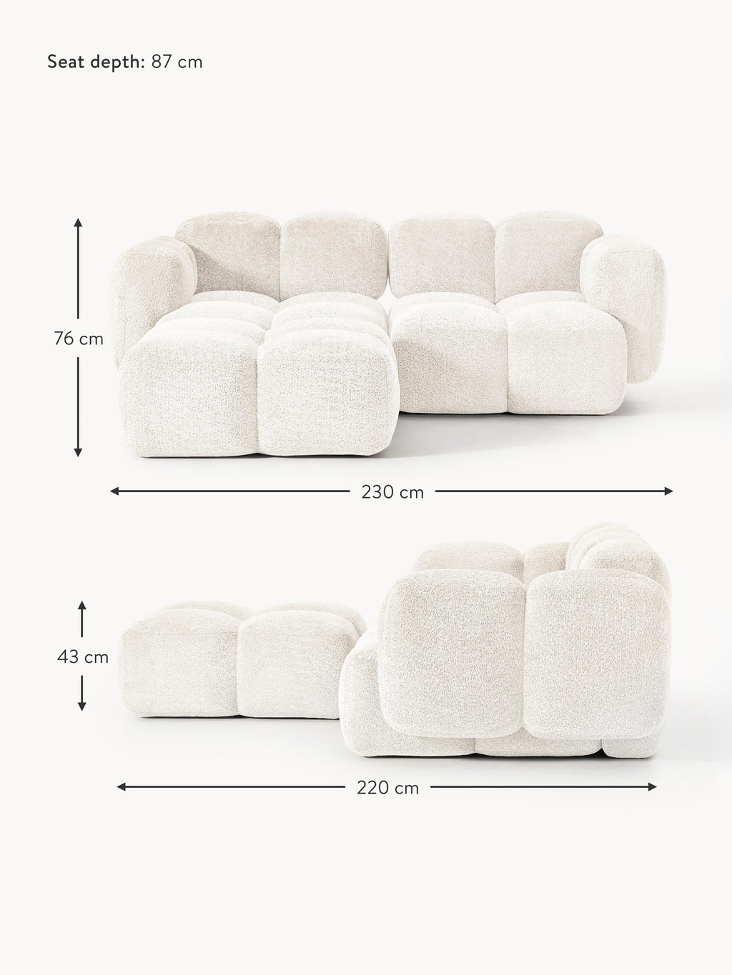 Tayla Modular Teddy-Bouclé Sofa (2-seater) with Ottoman (left/right)
