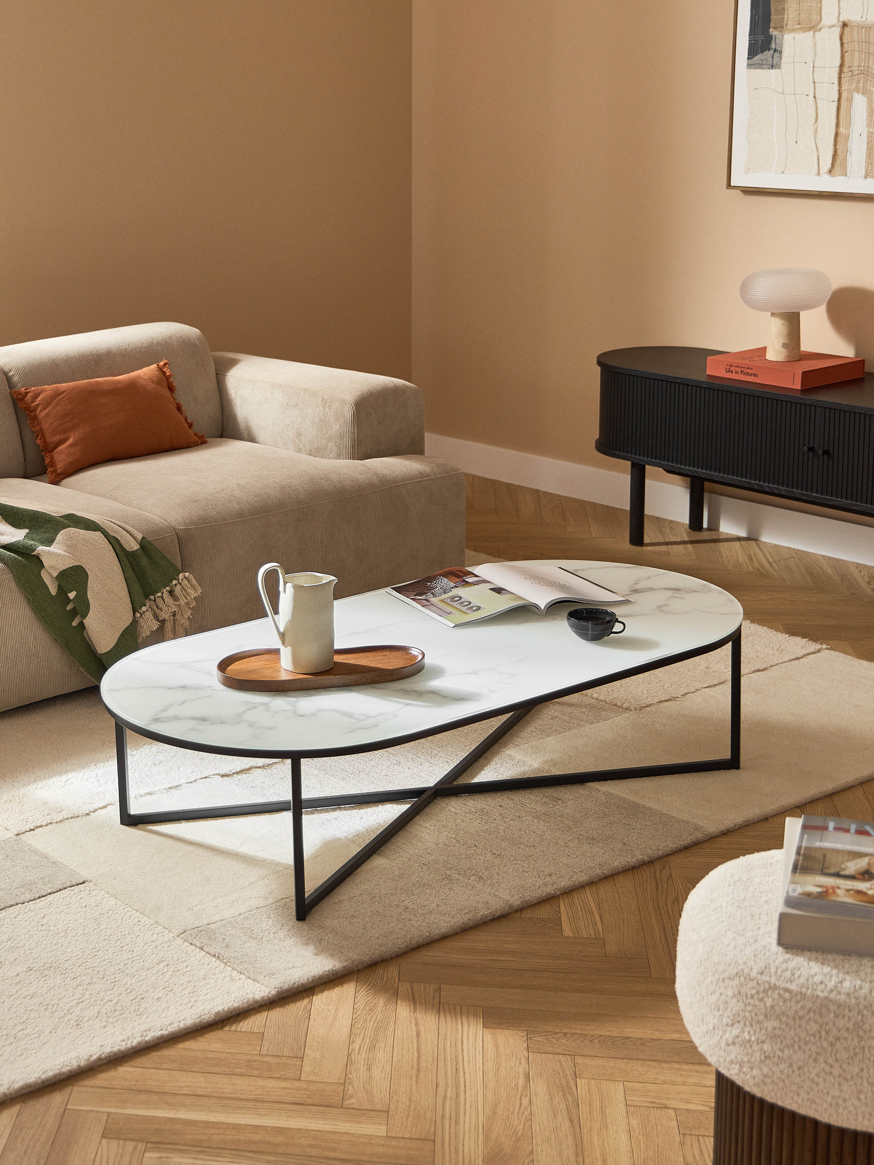Antigua Oval Coffee Table with Marble Effect Glass Top