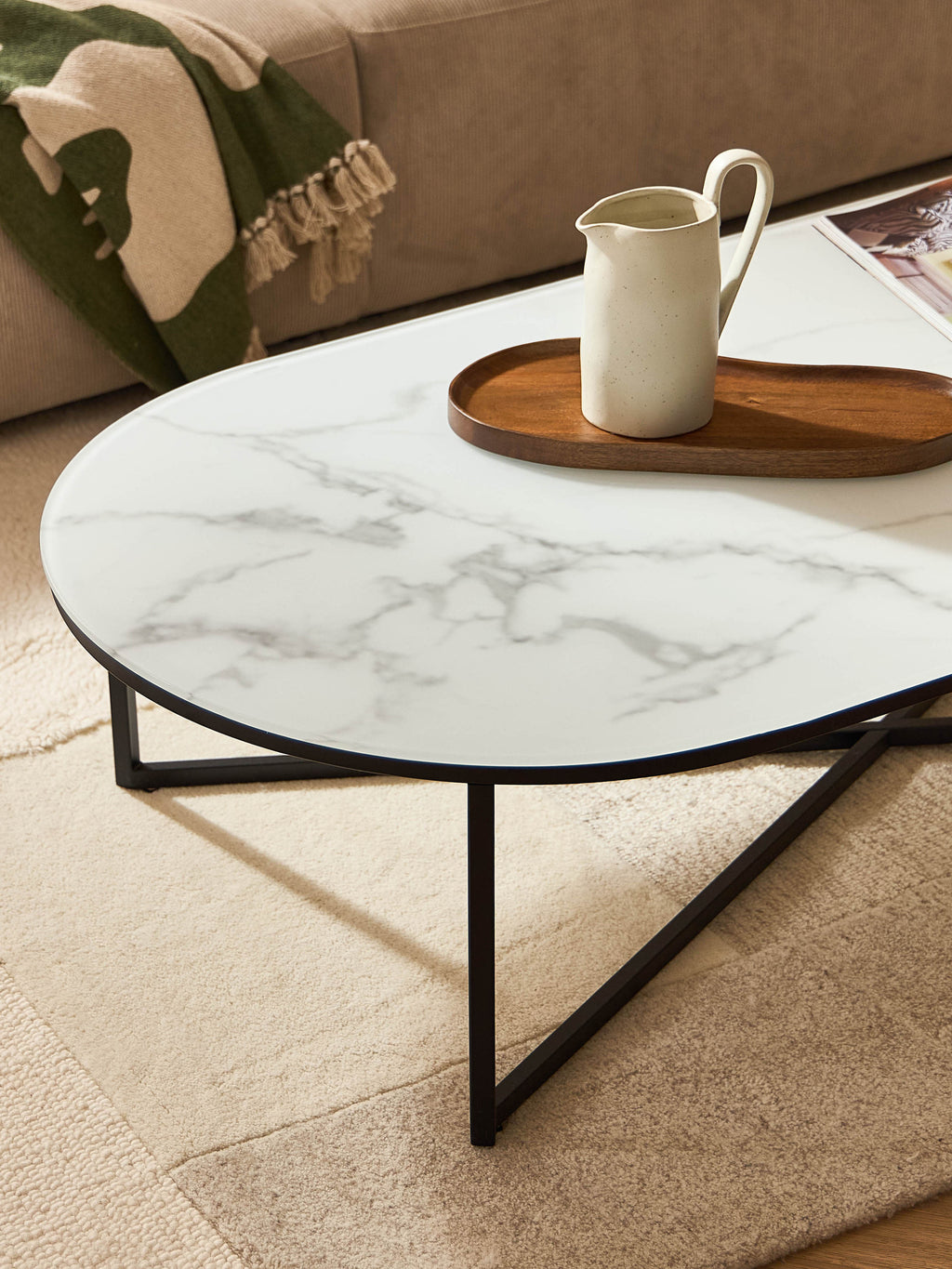 Antigua Oval Coffee Table with Marble Effect Glass Top