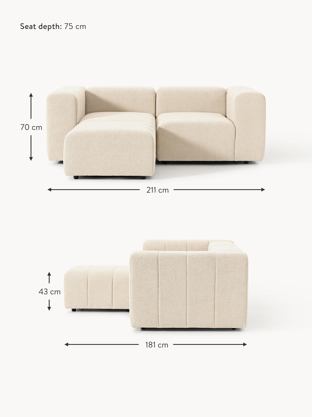Lena Bouclé Modular Sofa (2-seater) with Ottoman (left/right)