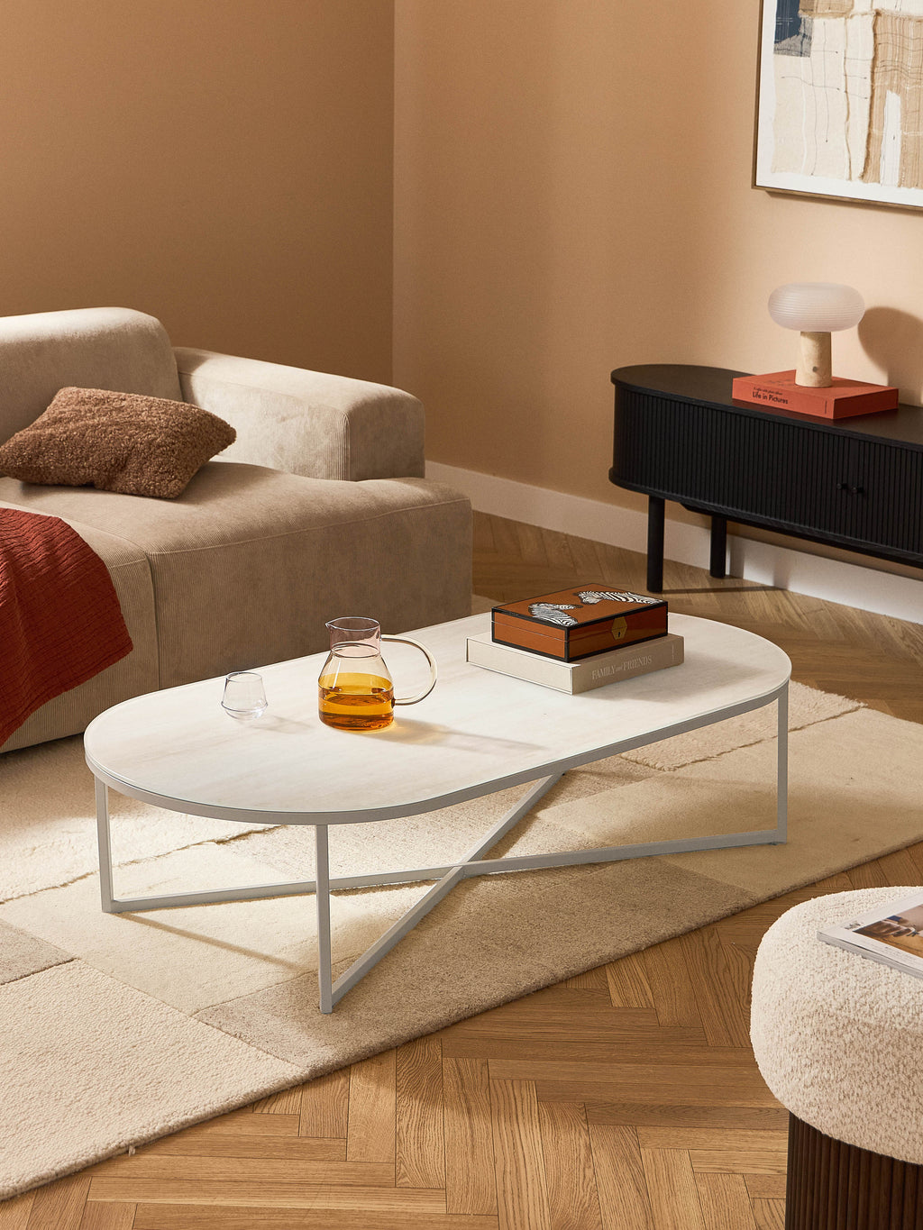Antigua Oval Coffee Table with Marble Effect Glass Top