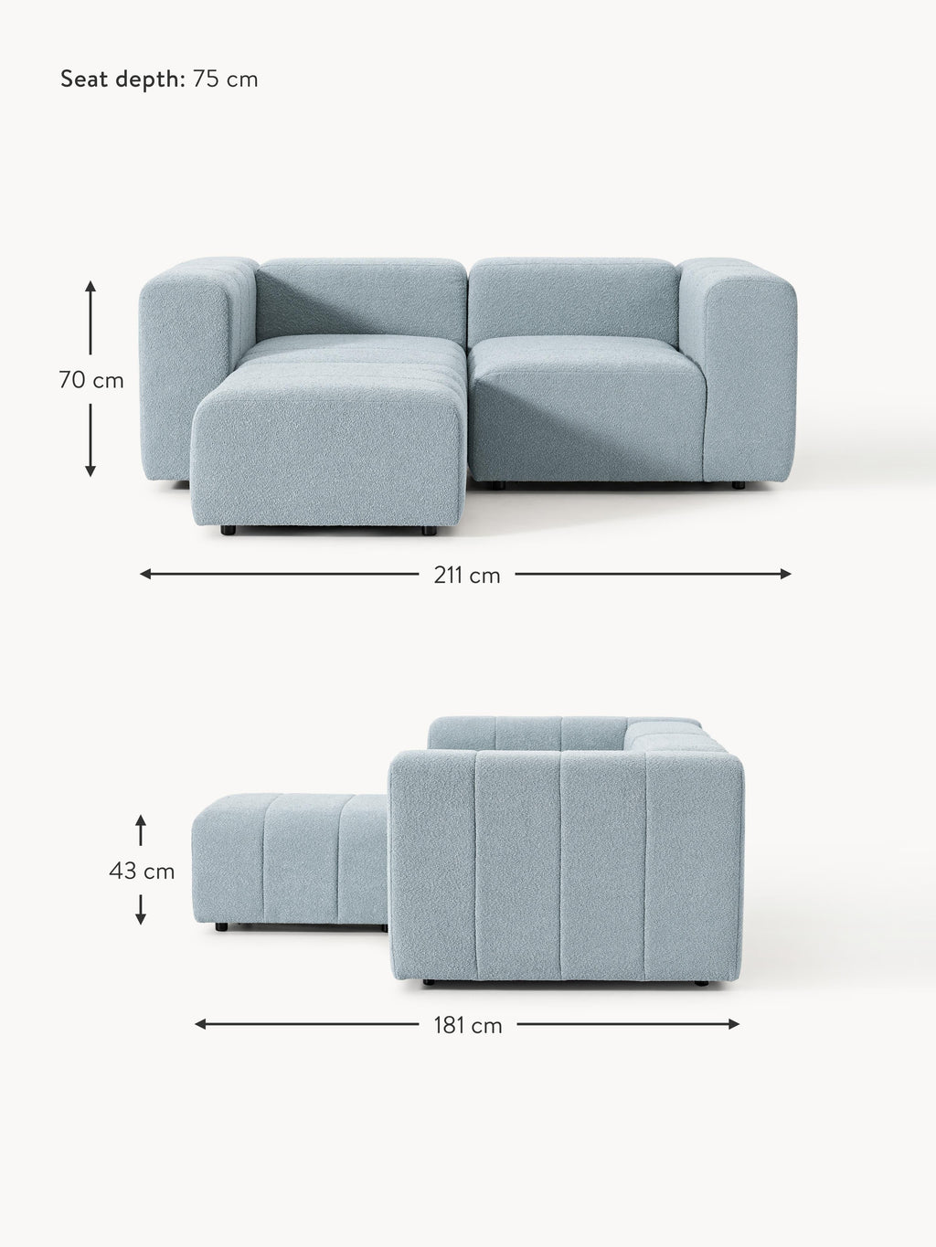 Lena Bouclé Modular Sofa (2-seater) with Ottoman (left/right)