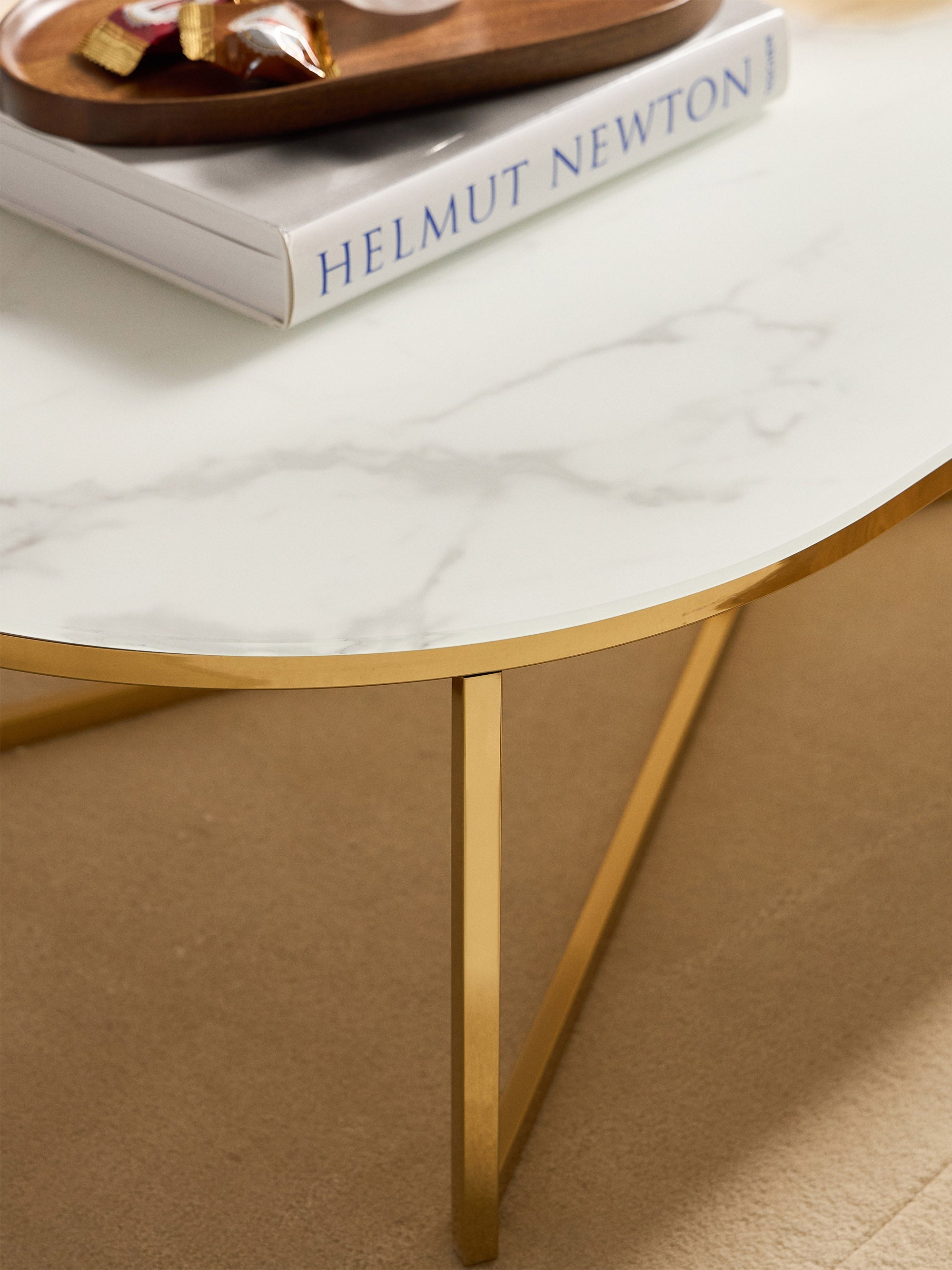 Antigua Oval Coffee Table with Marble Effect Glass Top