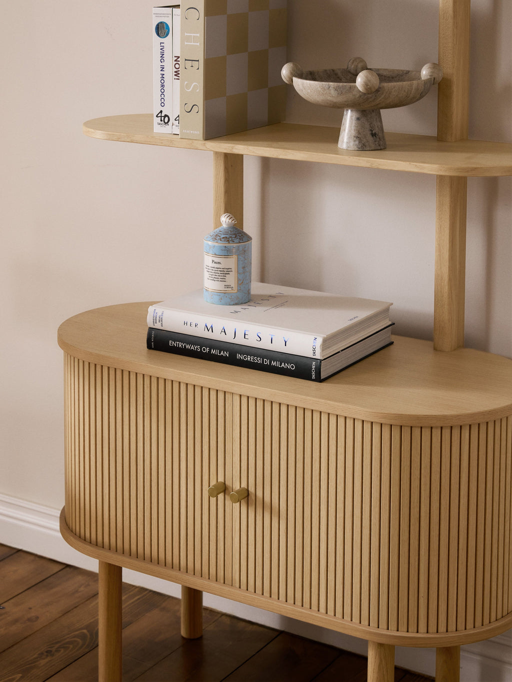 Calary Narrow Shelving Unit with Fluted Front