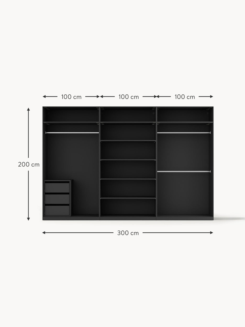 Jeanne Modular Hinged Door Wardrobe, 300 cm Wide, in various sizes