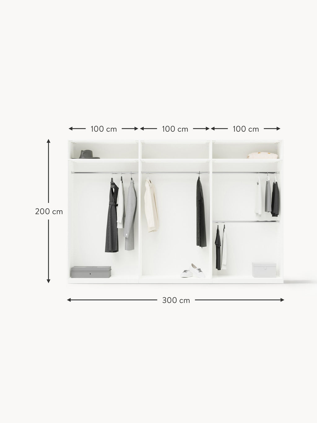 Denise Modular Hinged Door Wardrobe, 300 cm Wide, in various sizes
