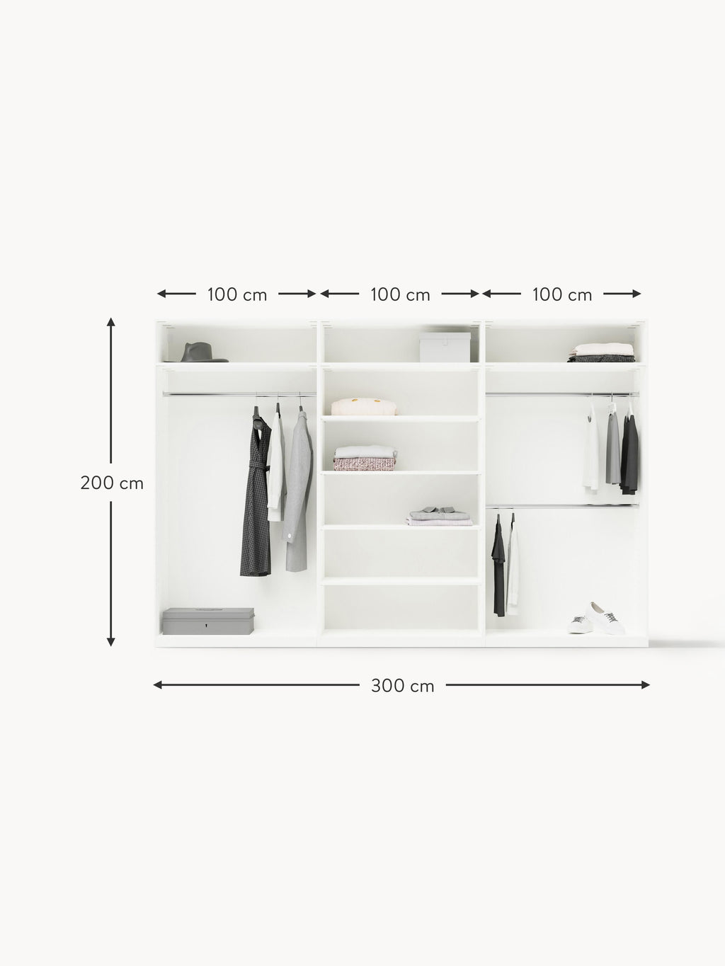 Denise Modular Hinged Door Wardrobe, 300 cm Wide, in various sizes
