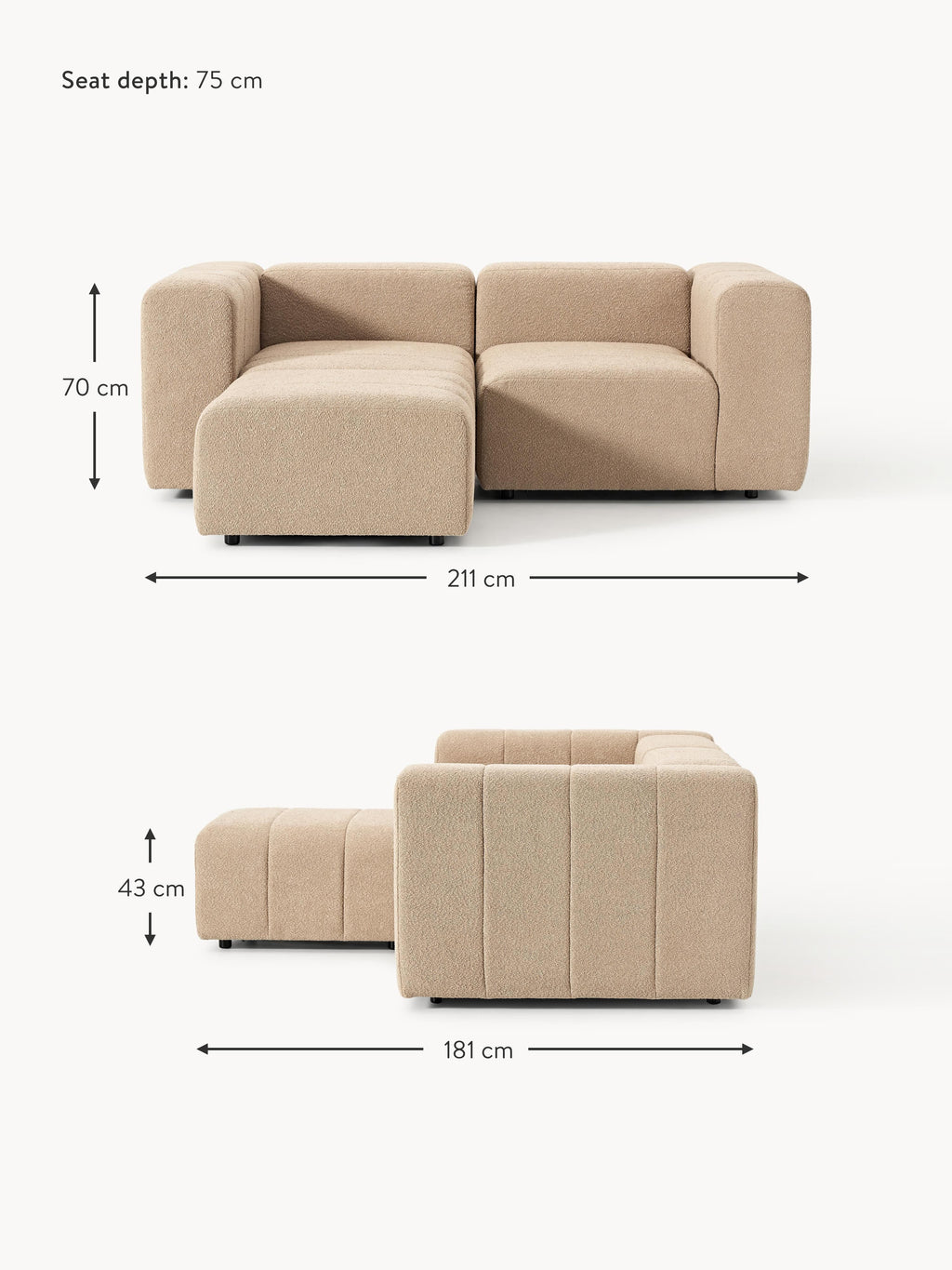 Lena Bouclé Modular Sofa (2-seater) with Ottoman (left/right)