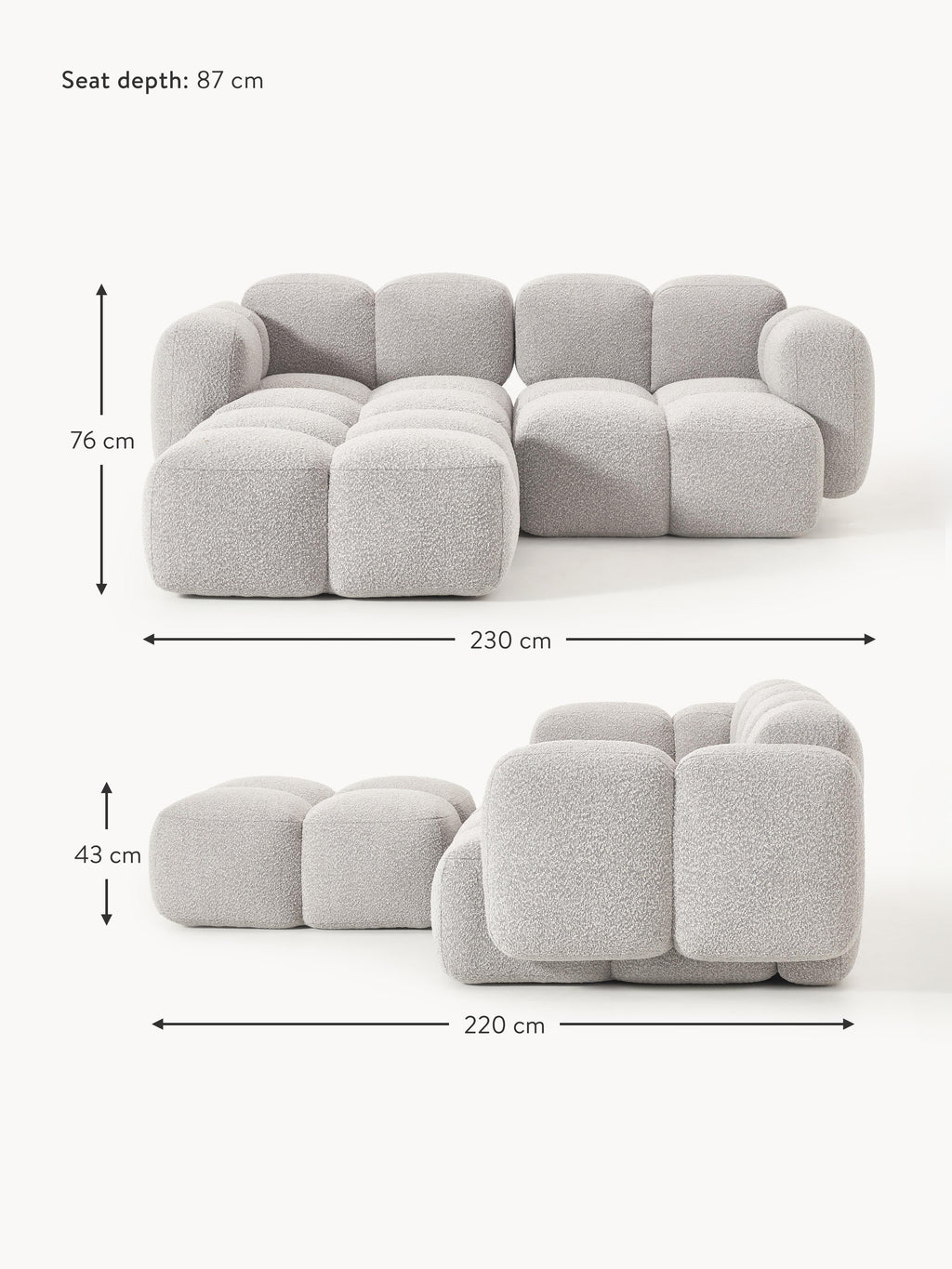 Tayla Bouclé Modular Sofa (2-seater) with Ottoman (left/right)