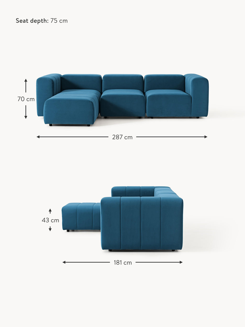 Lena Modular Velvet Sofa (4-seater) with Ottoman (left/right)