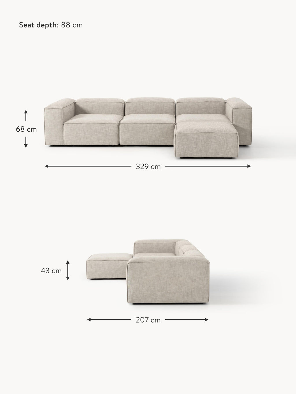 Lennon Linen Blend Modular Sofa (4-seater) with ottoman (left/right)
