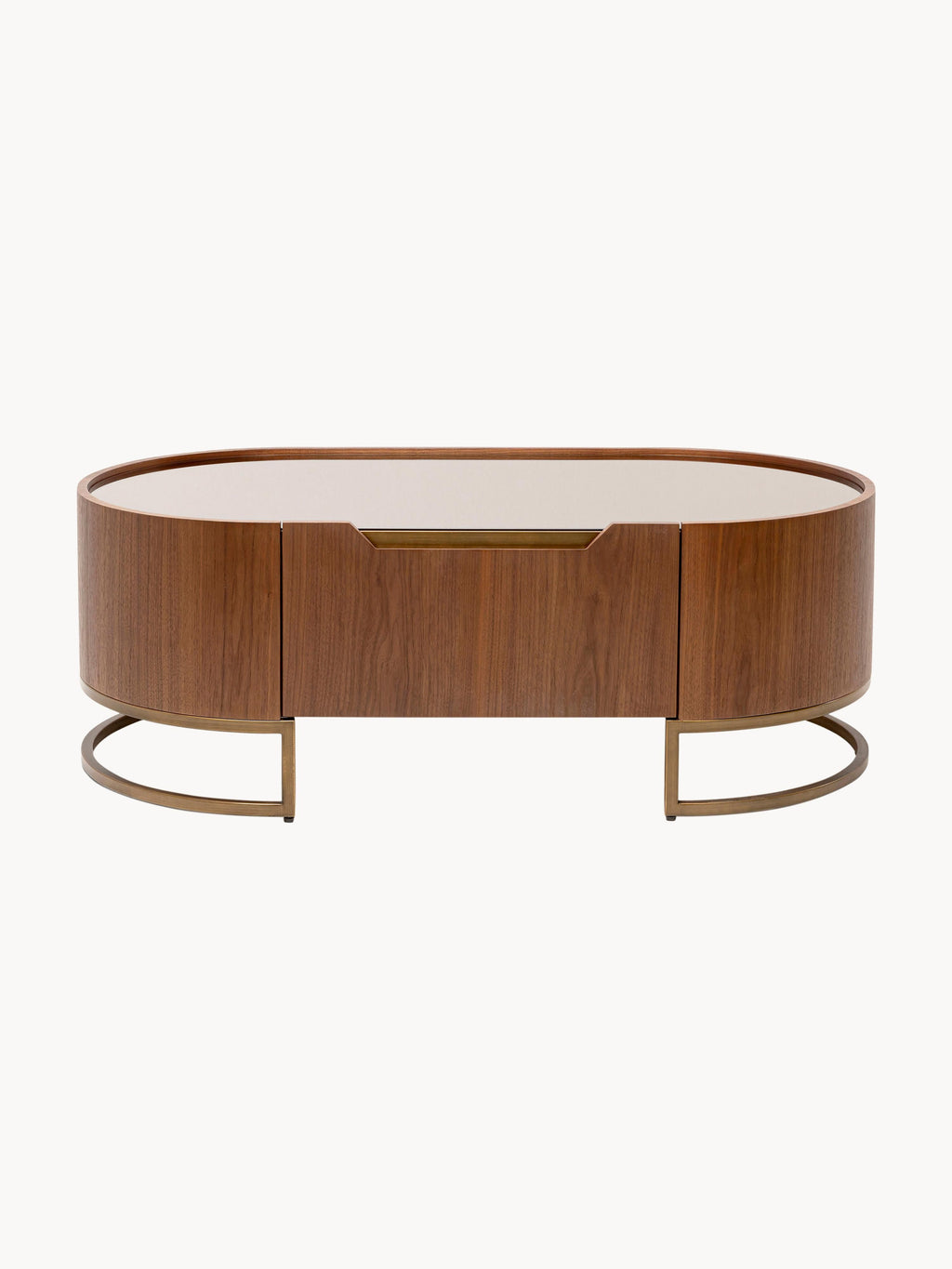 Giorgio Oval Walnut Wood Coffee Table with Glass Top & Drawer