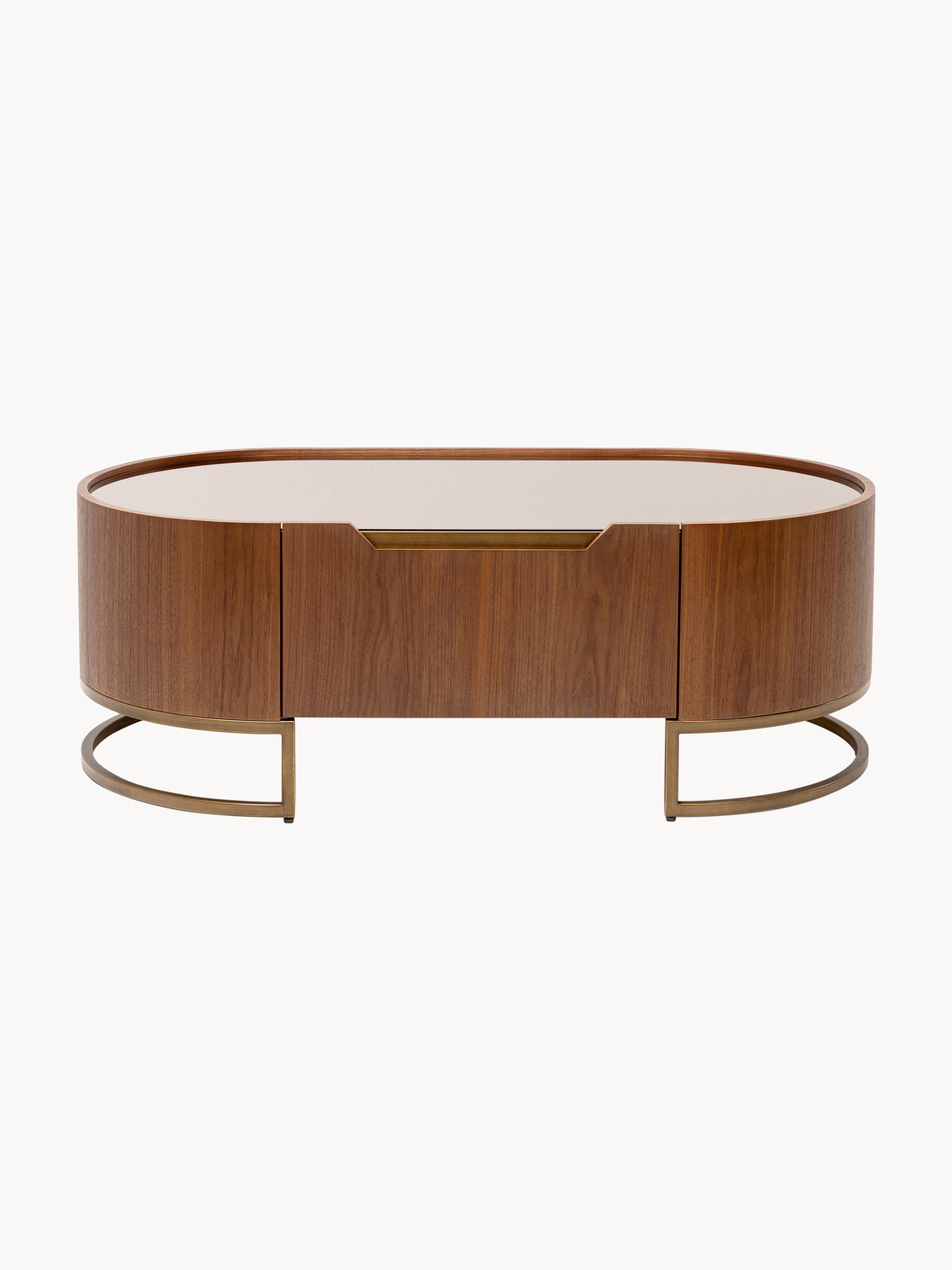 Giorgio Oval Walnut Wood Coffee Table with Glass Top & Drawer