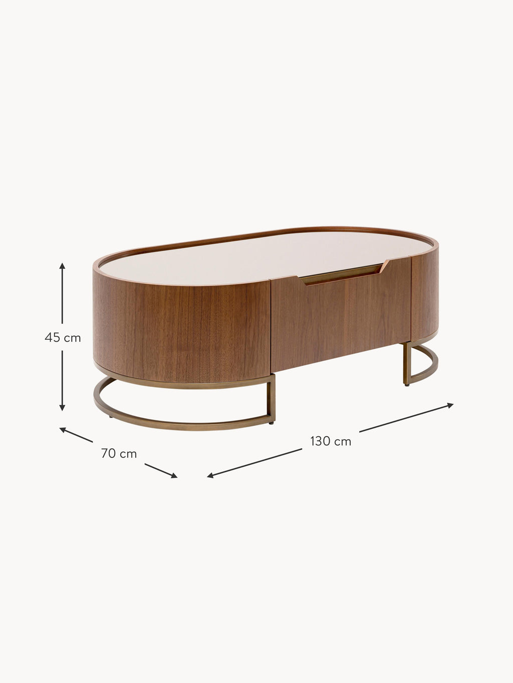 Giorgio Oval Walnut Wood Coffee Table with Glass Top & Drawer
