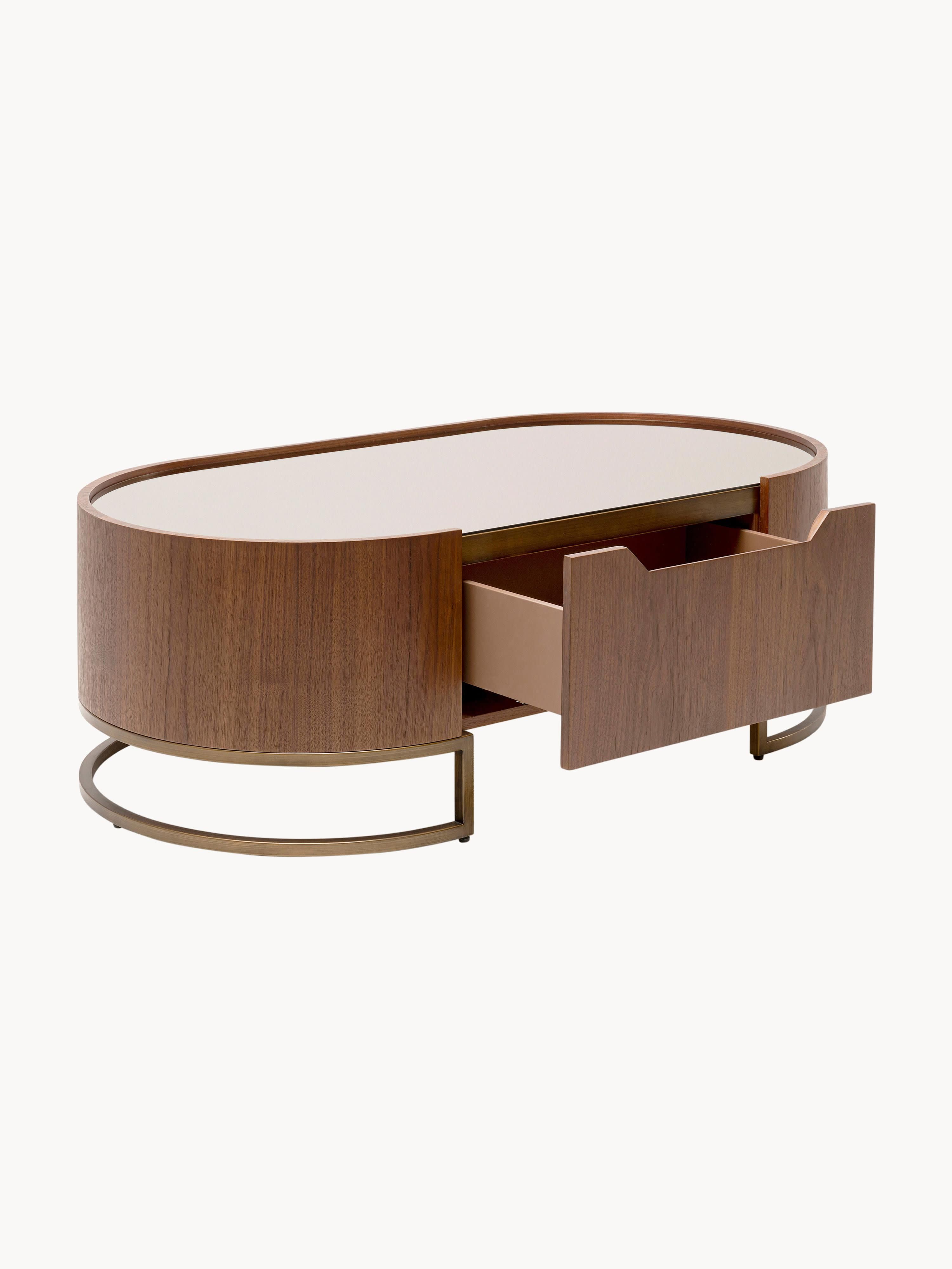 Giorgio Oval Walnut Wood Coffee Table with Glass Top & Drawer