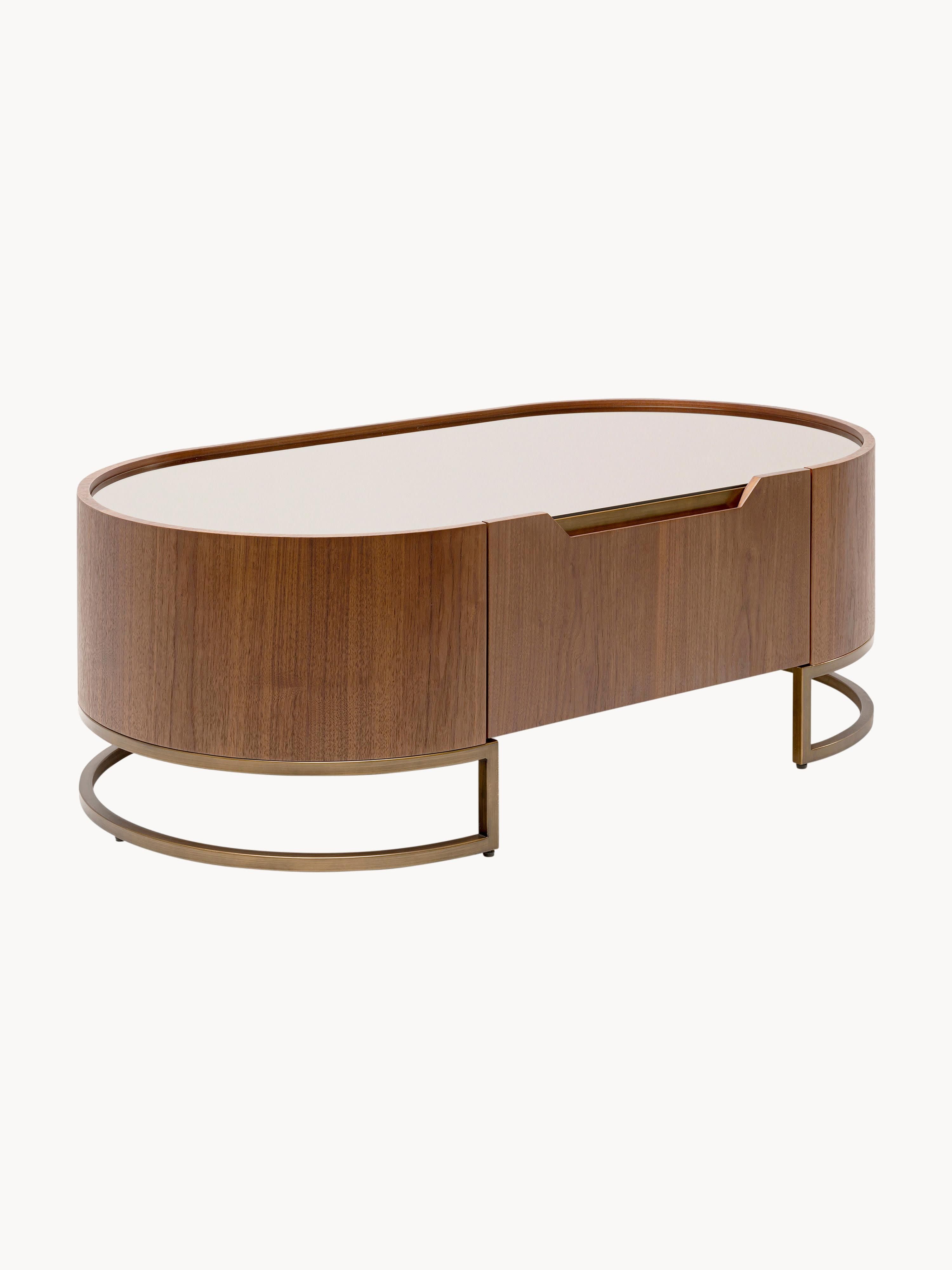Gallery image 1 - Oval Walnut Wood Coffee Table Giorgio with Glass Top & Drawer