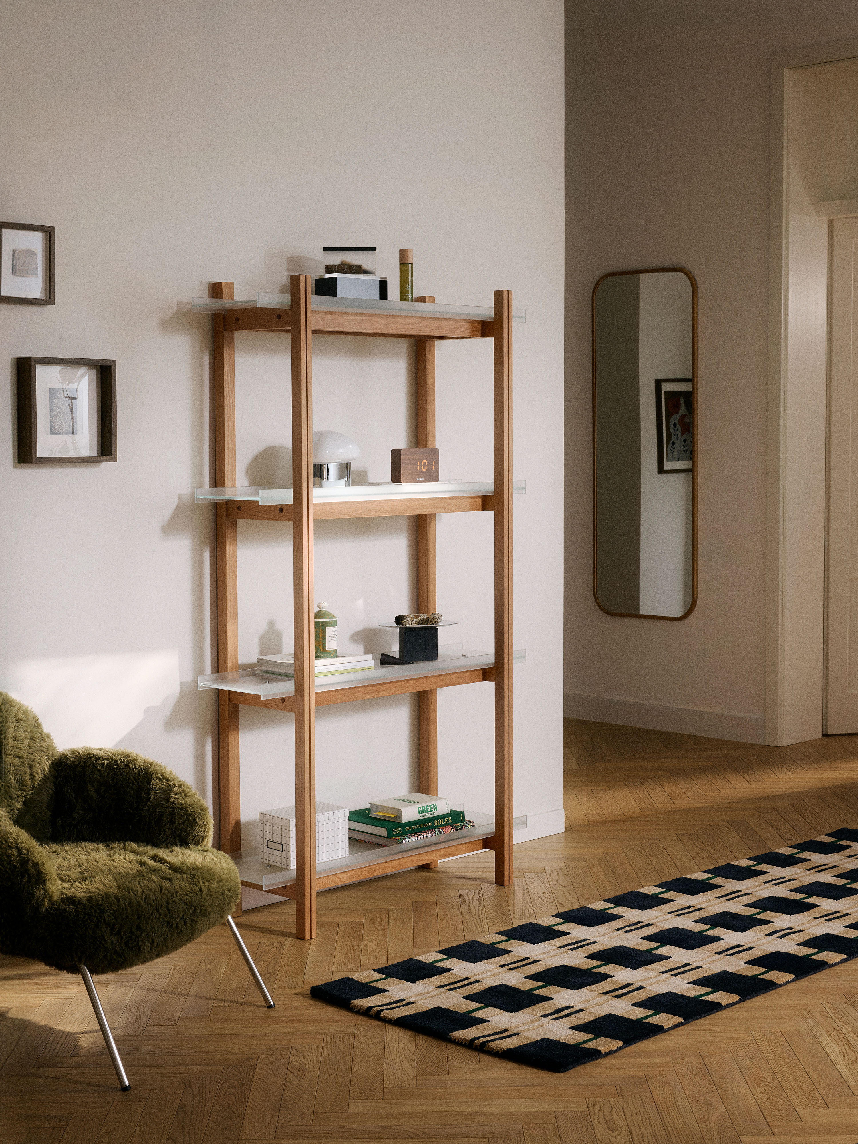 Alex Large Oak Shelving Unit with Glass Shelves
