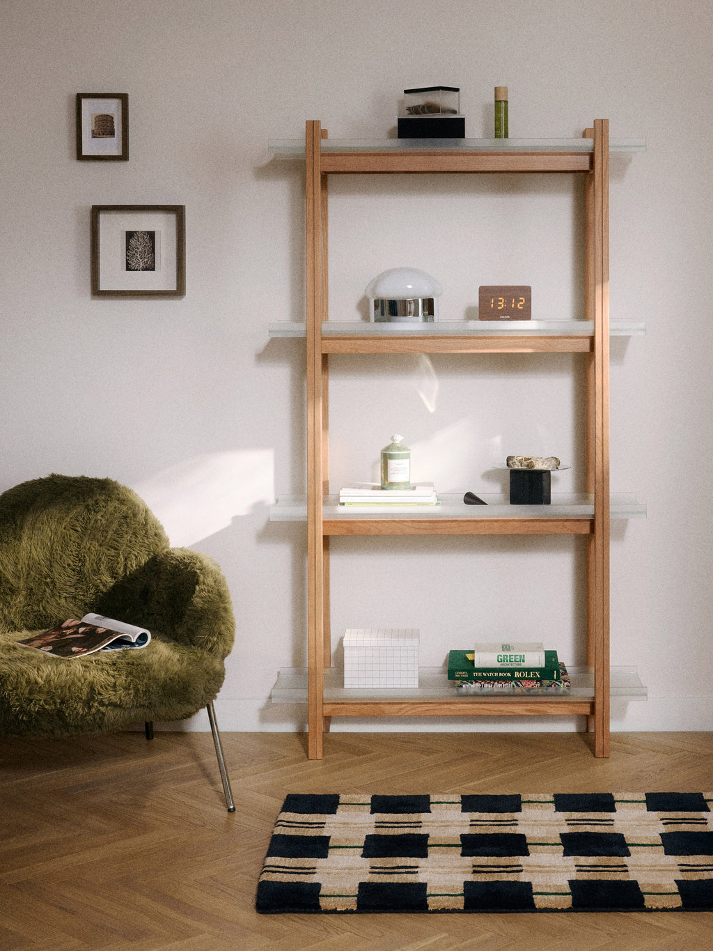 Alex Large Oak Shelving Unit with Glass Shelves