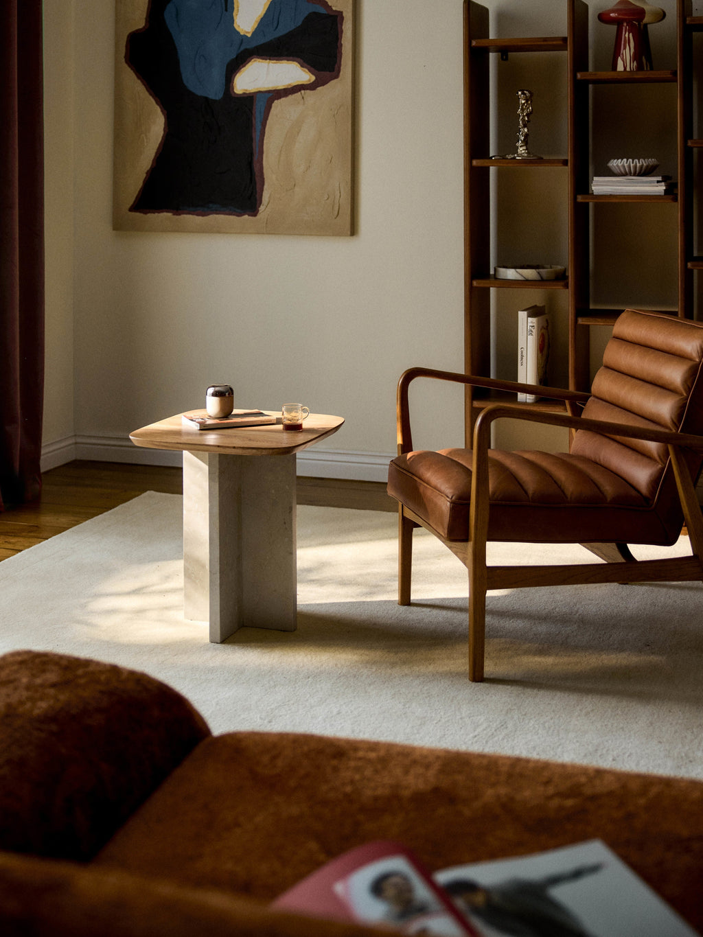 Naida Oak Wood and Marble Side Table