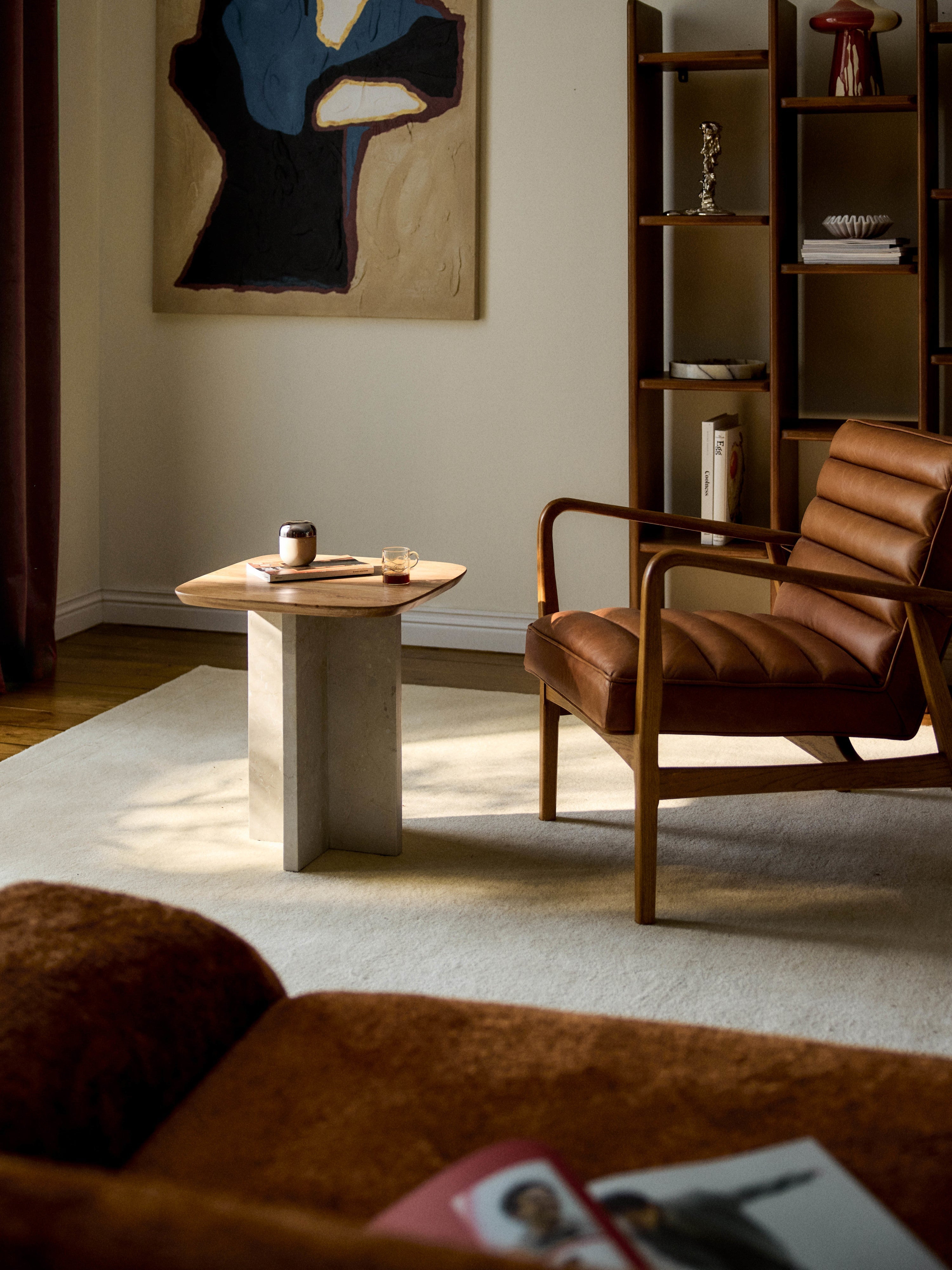 Naida Oak Wood and Marble Side Table