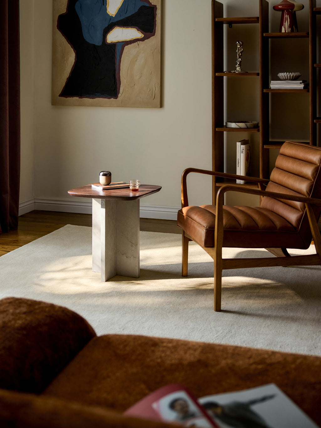 Naida Oak Wood and Marble Side Table