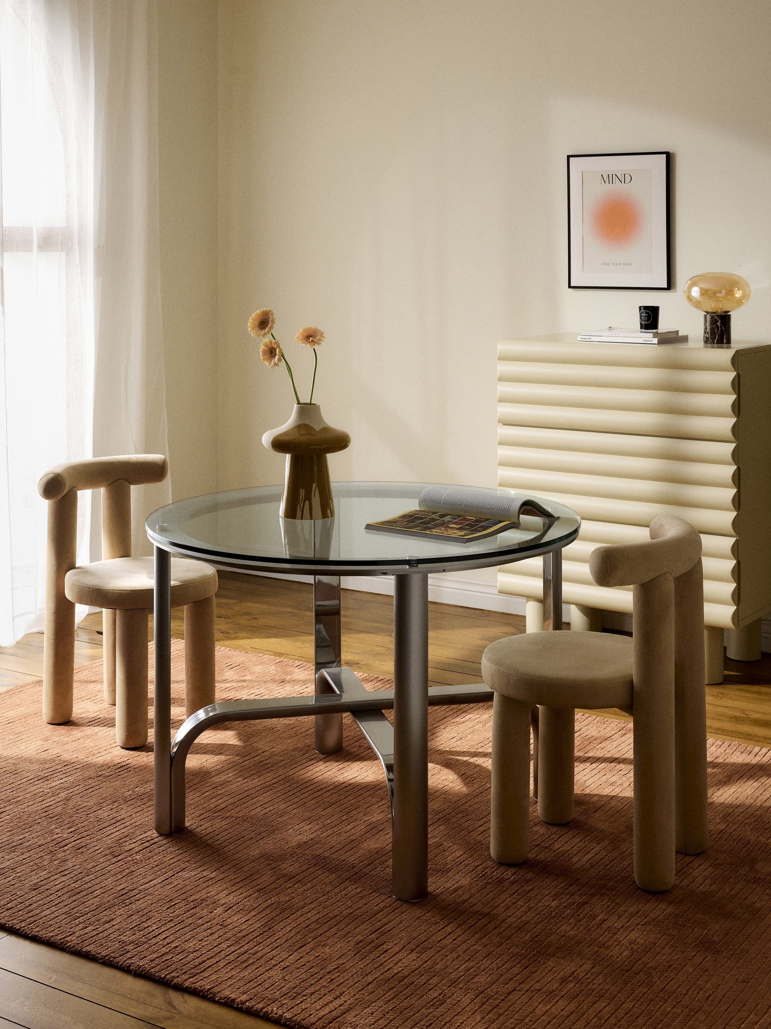 Neil Round Dining Table with Glass Top, in various sizes