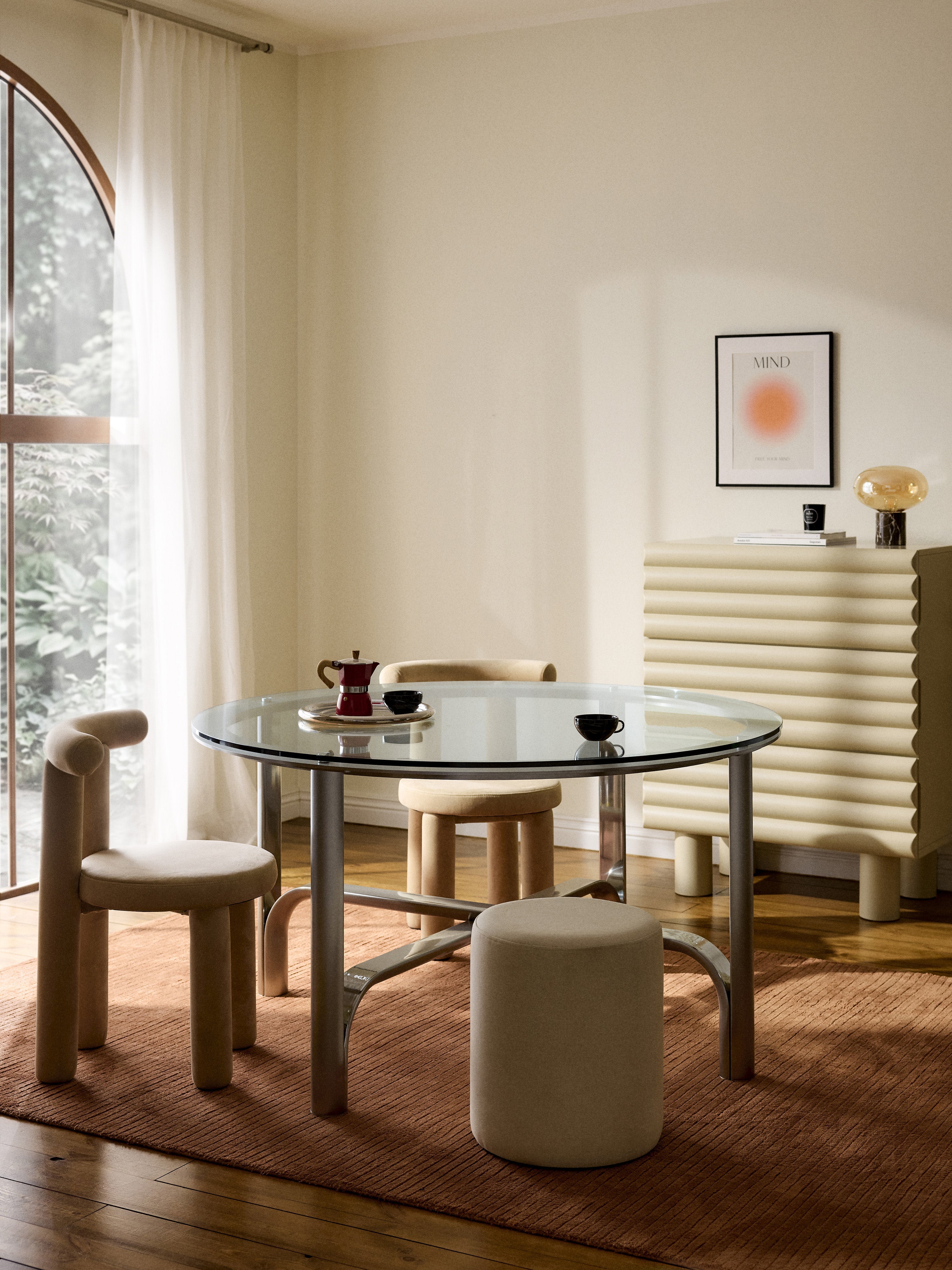 Neil Round Dining Table with Glass Top, in various sizes